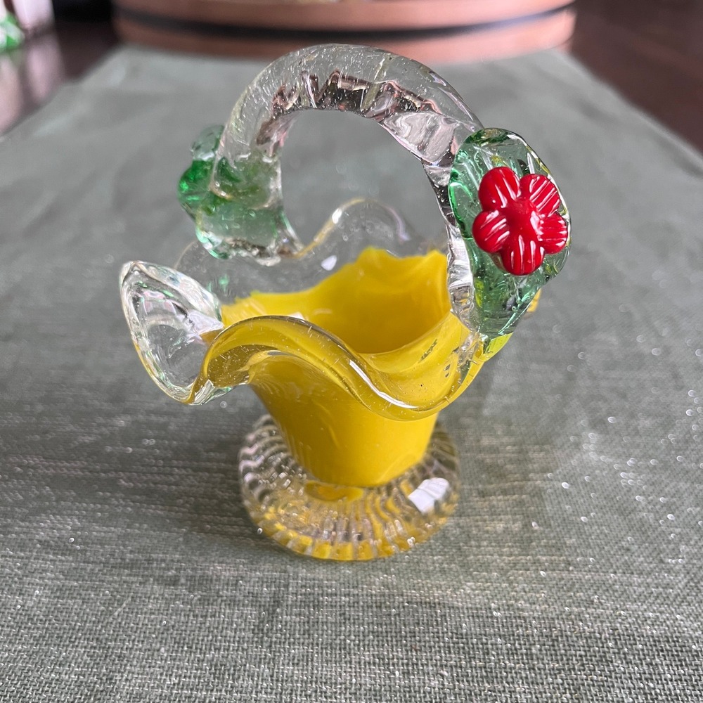 Hand Blown Murano Style Glass Candy Dish Basket Red Flower Yellow Accent
